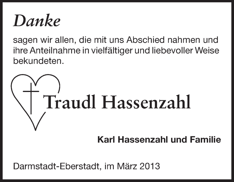  Traueranzeige für Traudl Hassenzahl vom 09.03.2013 aus Echo-Zeitungen (Gesamtausgabe)