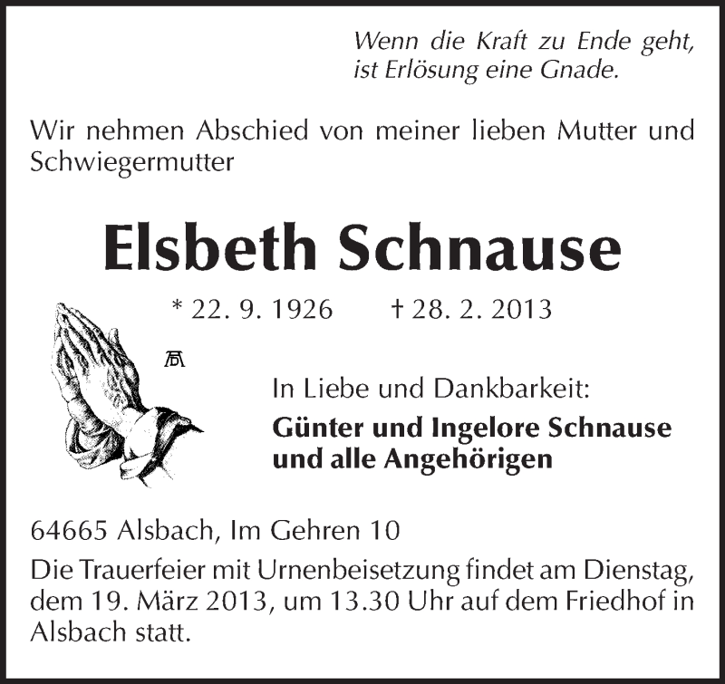  Traueranzeige für Elsbeth Schnause vom 09.03.2013 aus Echo-Zeitungen (Gesamtausgabe)