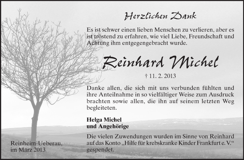  Traueranzeige für Reinhard Michel vom 16.03.2013 aus Darmstädter Echo, Odenwälder Echo, Rüsselsheimer Echo, Groß-Gerauer-Echo, Ried Echo