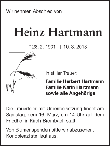 Traueranzeige von Heinz Hartmann von Odenwälder Echo