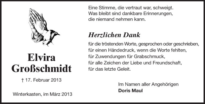  Traueranzeige für Elvira Großschmidt vom 16.03.2013 aus Echo-Zeitungen (Gesamtausgabe)