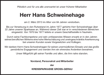 Traueranzeige von Hans Schweinehage von Rüsselsheimer Echo, Groß-Gerauer-Echo, Ried Echo