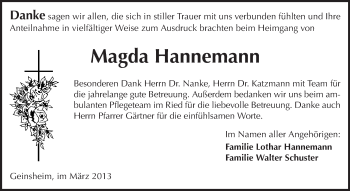 Traueranzeige von Magda Hannemann von Rüsselsheimer Echo, Groß-Gerauer-Echo, Ried Echo