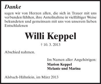 Traueranzeige von Willi Keppel von Echo-Zeitungen (Gesamtausgabe)