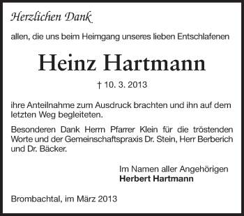 Traueranzeige von Heinz Hartmann von Odenwälder Echo