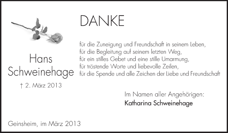  Traueranzeige für Hans Schweinehage vom 28.03.2013 aus Rüsselsheimer Echo, Groß-Gerauer-Echo, Ried Echo
