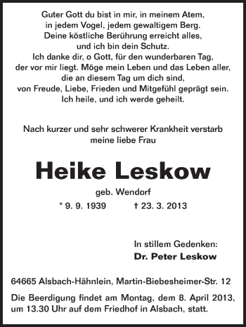 Traueranzeige von Heike Leskow von Echo-Zeitungen (Gesamtausgabe)