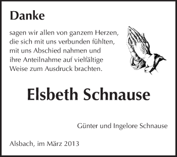 Traueranzeige von Elsbeth Schnause von Echo-Zeitungen (Gesamtausgabe)