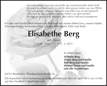 Traueranzeige von Elisabethe Berg von Odenwälder Echo