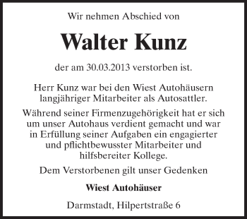 Traueranzeige von Walter Kunz von Echo-Zeitungen (Gesamtausgabe)