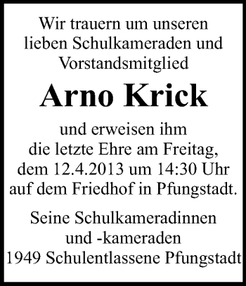 Traueranzeige von Arno Krick von Echo-Zeitungen (Gesamtausgabe)