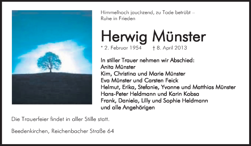  Traueranzeige für Herwig Münster vom 13.04.2013 aus Echo-Zeitungen (Gesamtausgabe)