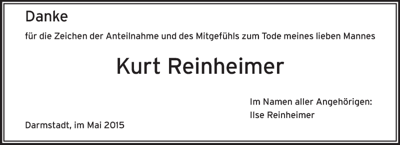  Traueranzeige für Kurt Reinheimer vom 02.05.2015 aus Echo-Zeitungen (Gesamtausgabe)
