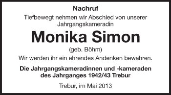 Traueranzeige von Monika Simon von Rüsselsheimer Echo, Groß-Gerauer-Echo, Ried Echo