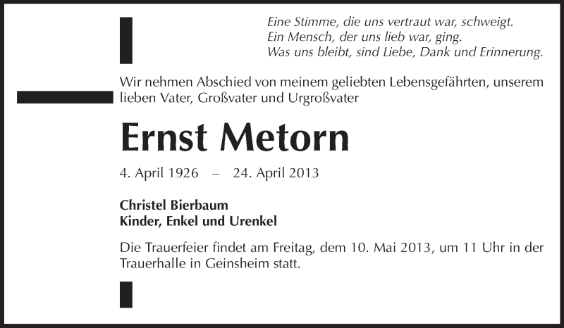  Traueranzeige für Ernst Metorn vom 08.05.2013 aus Rüsselsheimer Echo, Groß-Gerauer-Echo, Ried Echo
