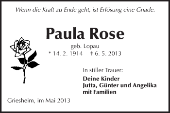 Traueranzeige von Paula Rose von Echo-Zeitungen (Gesamtausgabe)