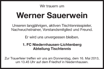 Traueranzeige von Werner Sauerwein von Echo-Zeitungen (Gesamtausgabe)