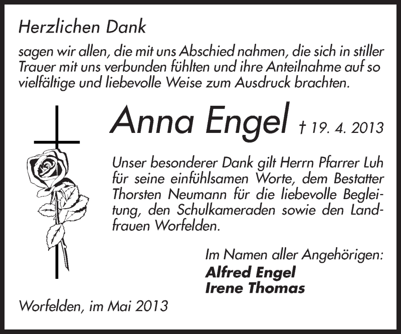  Traueranzeige für Anna Engel vom 18.05.2013 aus Rüsselsheimer Echo, Groß-Gerauer-Echo, Ried Echo