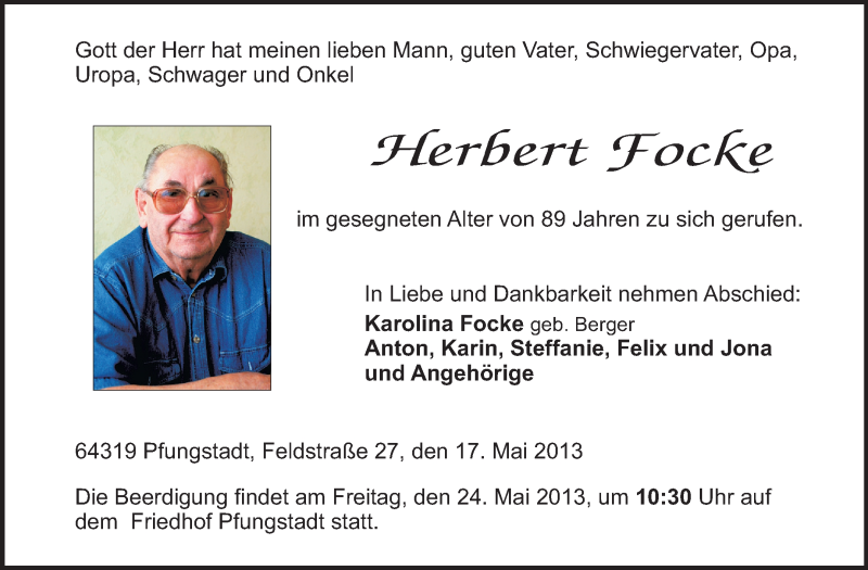  Traueranzeige für Herbert Focke vom 22.05.2013 aus Echo-Zeitungen (Gesamtausgabe)