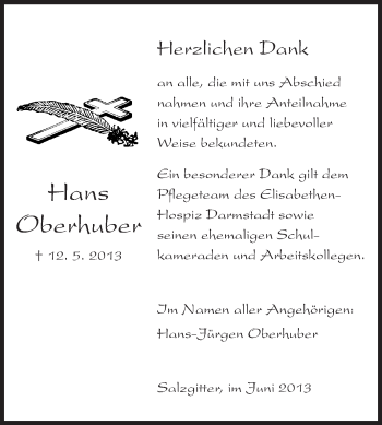 Traueranzeige von Hans Oberhuber von Echo-Zeitungen (Gesamtausgabe)