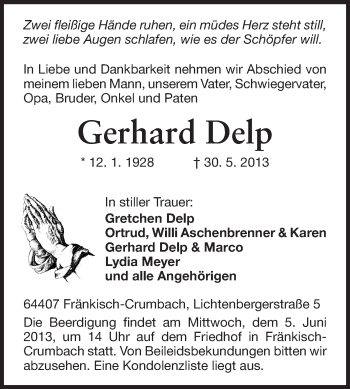 Traueranzeige von Gerhard Delp von Echo-Zeitungen (Gesamtausgabe)