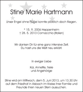 Traueranzeige von Stine Marie Hartmann von Echo-Zeitungen (Gesamtausgabe)