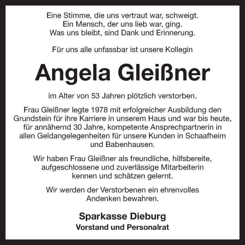  Traueranzeige für Angela Gleißner vom 18.06.2015 aus Echo-Zeitungen (Gesamtausgabe)