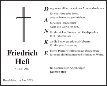 Traueranzeige von Friedrich Heß von Odenwälder Echo