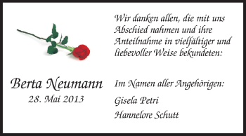 Traueranzeige von Berta Neumann von Rüsselsheimer Echo, Groß-Gerauer-Echo, Ried Echo