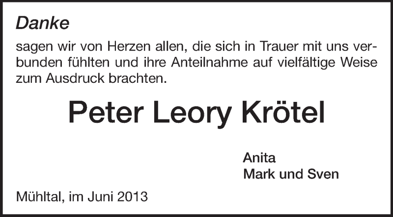  Traueranzeige für Peter Leory Krötel vom 29.06.2013 aus Echo-Zeitungen (Gesamtausgabe)