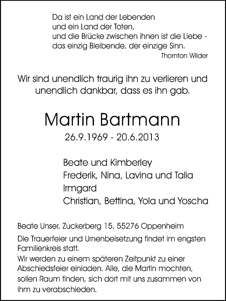  Traueranzeige für Martin Bartmann vom 26.06.2013 aus Rüsselsheimer Echo, Groß-Gerauer-Echo, Ried Echo