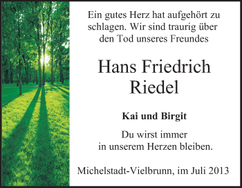 Traueranzeige von Hans Friedrich Riedel von Odenwälder Echo