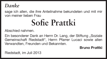 Traueranzeige von Sofie Prattki von Rüsselsheimer Echo, Groß-Gerauer-Echo, Ried Echo