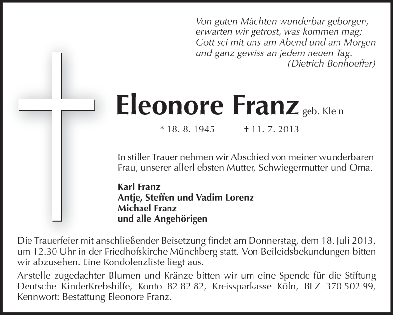  Traueranzeige für Eleonore Franz vom 16.07.2013 aus Echo-Zeitungen (Gesamtausgabe)
