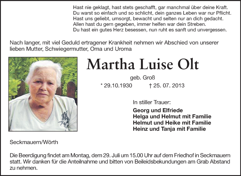  Traueranzeige für Martha Luise Olt vom 27.07.2013 aus Odenwälder Echo