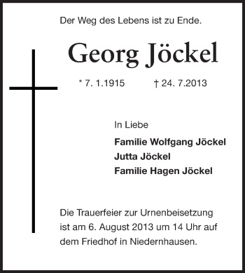 Traueranzeige von Georg Jöckel von Echo-Zeitungen (Gesamtausgabe)