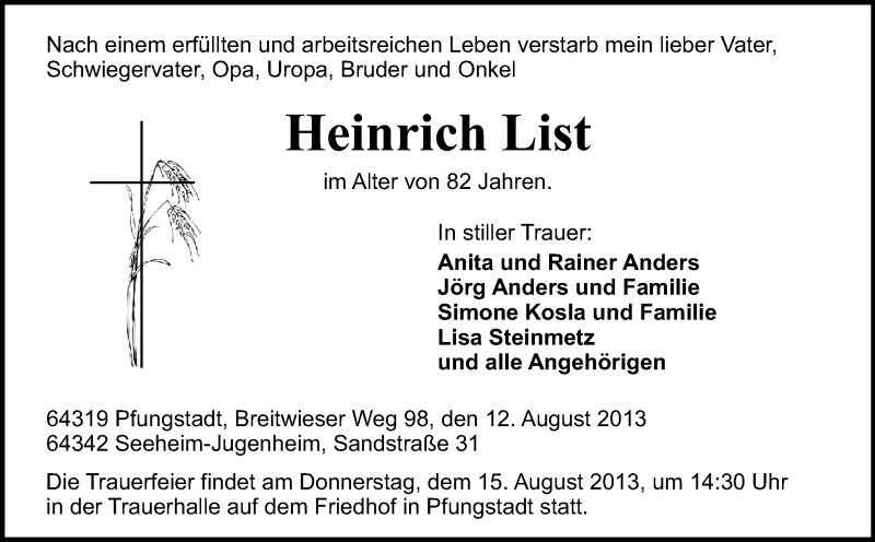  Traueranzeige für Heinrich List vom 14.08.2013 aus Echo-Zeitungen (Gesamtausgabe)