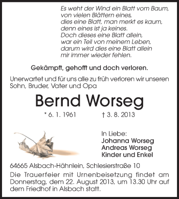Traueranzeige von Bernd Worseg von Echo-Zeitungen (Gesamtausgabe)