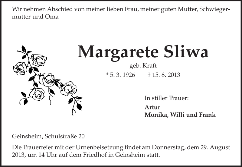  Traueranzeige für Margarete Sliwa vom 28.08.2013 aus Rüsselsheimer Echo, Groß-Gerauer-Echo, Ried Echo