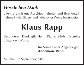 Traueranzeige von Klaus Rapp von Echo-Zeitungen (Gesamtausgabe)