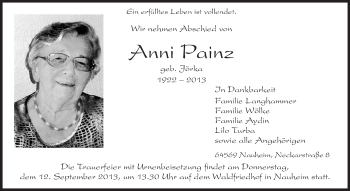 Traueranzeige von Anni Painz von Rüsselsheimer Echo, Groß-Gerauer-Echo, Ried Echo