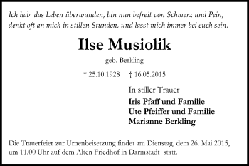 Traueranzeige von Ilse Musiolik von Echo-Zeitungen (Gesamtausgabe)