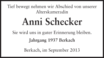 Traueranzeige von Anni Schecker von Rüsselsheimer Echo, Groß-Gerauer-Echo, Ried Echo