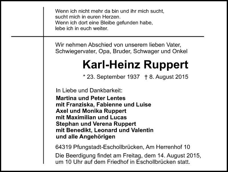  Traueranzeige für Karl-Heinz Ruppert vom 11.08.2015 aus trauer.echo-online.de