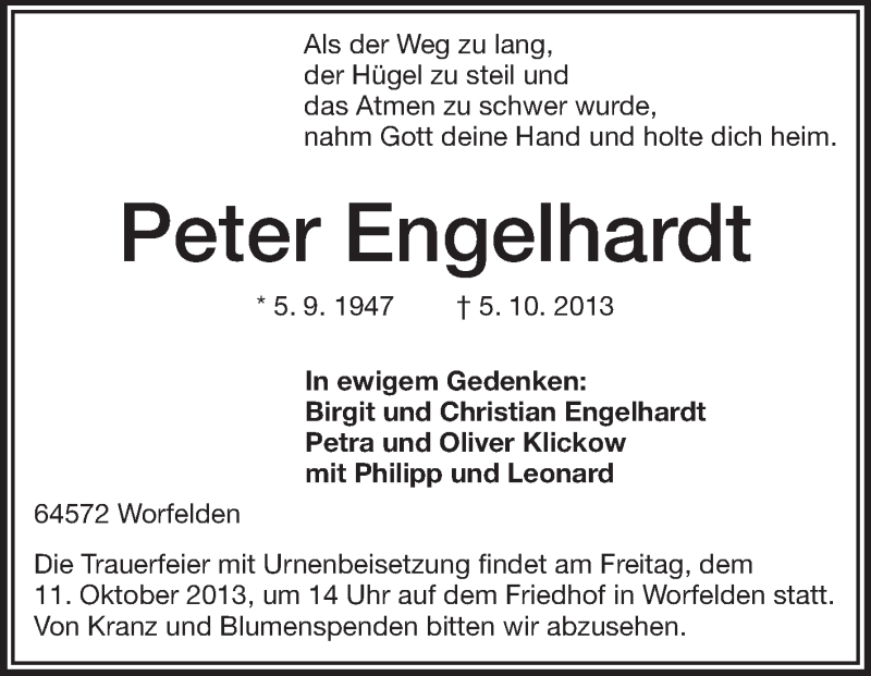  Traueranzeige für Peter Engelhardt vom 10.10.2013 aus Echo-Zeitungen (Gesamtausgabe)