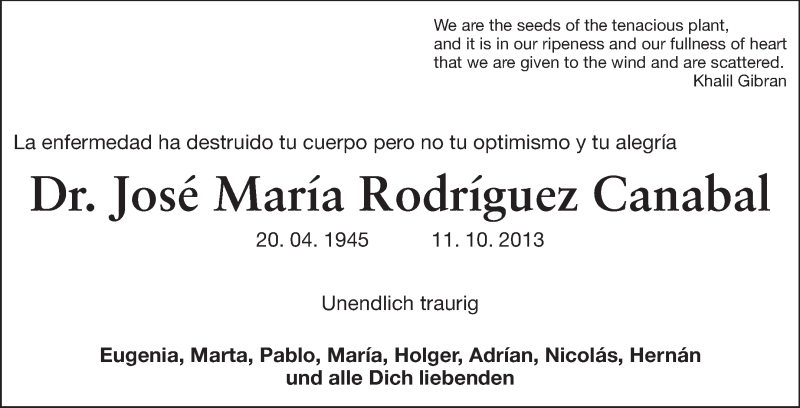  Traueranzeige für Jose Maria Rodriguez Canabal vom 14.10.2013 aus Echo-Zeitungen (Gesamtausgabe)