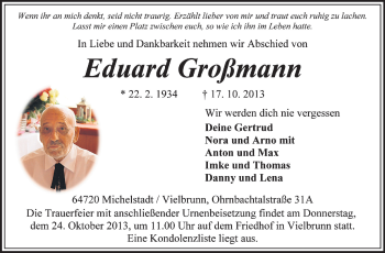 Traueranzeige von Eduard Großmann von Odenwälder Echo