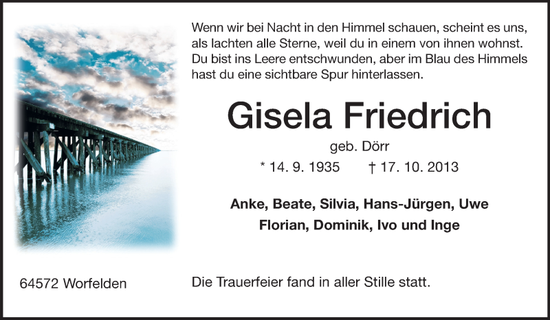  Traueranzeige für Gisela Friedrich vom 25.10.2013 aus Rüsselsheimer Echo, Groß-Gerauer-Echo, Ried Echo