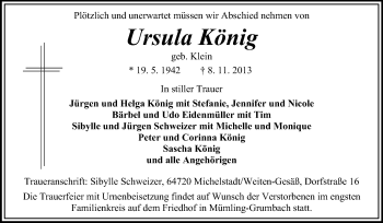 Traueranzeige von Ursula König von Odenwälder Echo