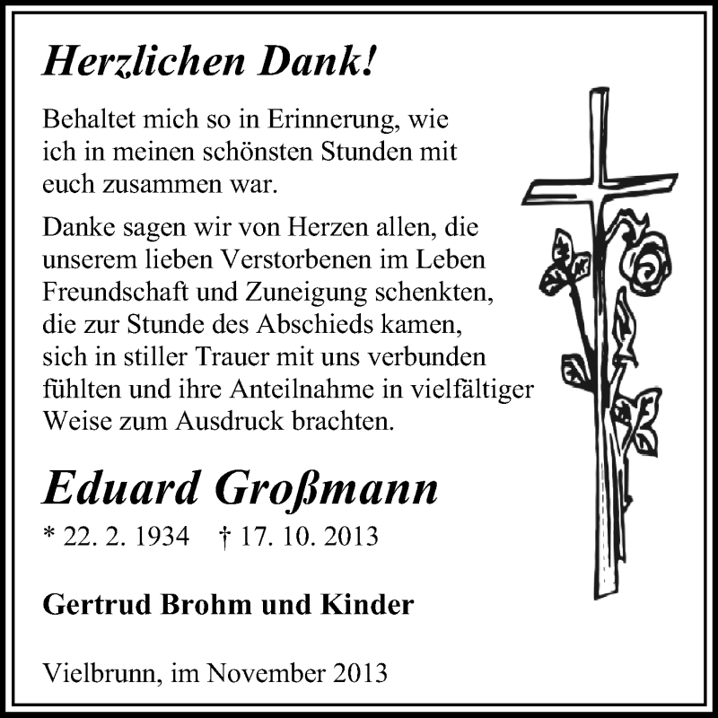  Traueranzeige für Eduard Großmann vom 16.11.2013 aus Odenwälder Echo